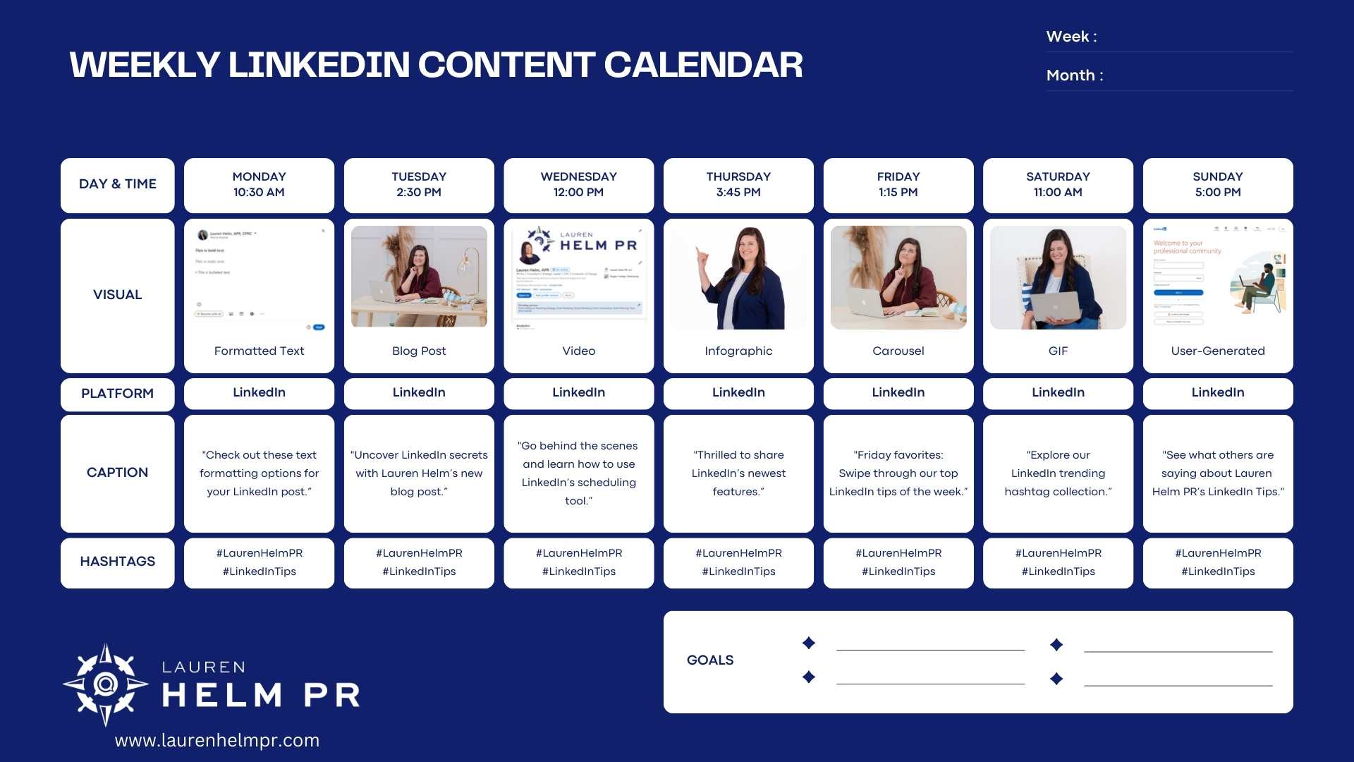 LinkedIn Weekly Content Calendar Template Design by Lauren Helm PR